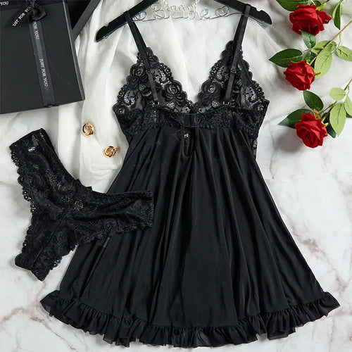 2-Piece Plus Size Triangle Panty Set Women's Night Dress Sensual Female Lingerie Curve Nightdress Transparent Underwear Briefs