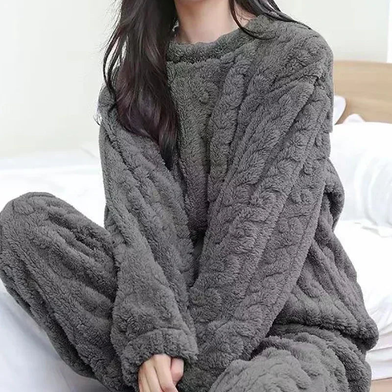 2 Piece Sets Thicken Soft Velvet Ribbed Fleece Set Pullover And Pants Casual Pajama Sets Women Autumn Winter 2024
