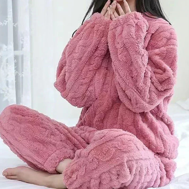 2 Piece Sets Thicken Soft Velvet Ribbed Fleece Set Pullover And Pants Casual Pajama Sets Women Autumn Winter 2024