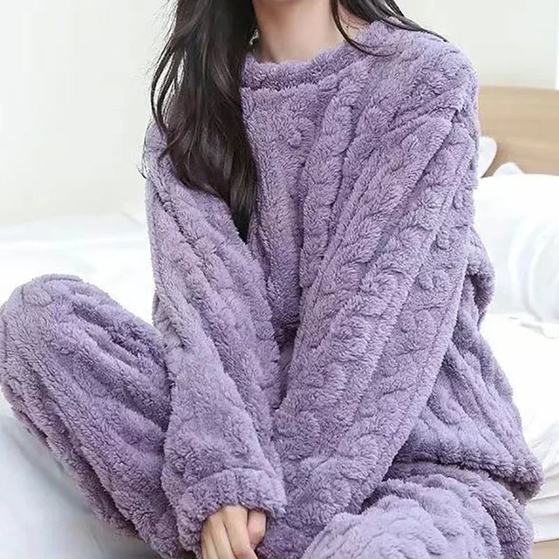 2 Piece Sets Thicken Soft Velvet Ribbed Fleece Set Pullover And Pants Casual Pajama Sets Women Autumn Winter 2024