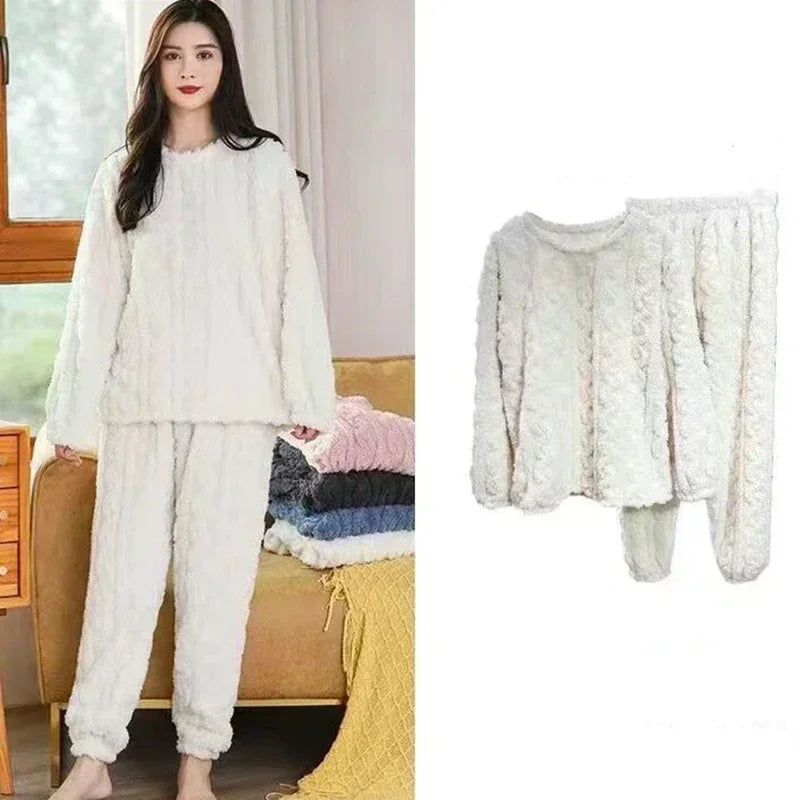 2 Piece Sets Thicken Soft Velvet Ribbed Fleece Set Pullover And Pants Casual Pajama Sets Women Autumn Winter 2024