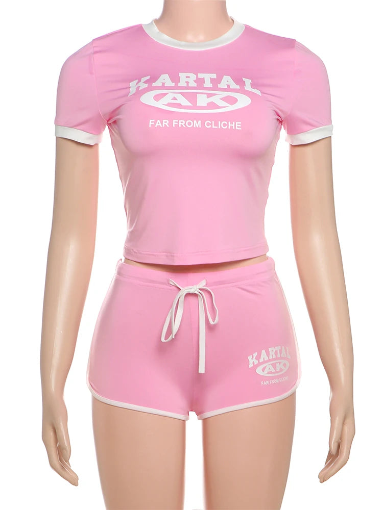 2 piece Set Women Activity Shorts Sleeve Crop Tops+Biker Shorts Matching Street Stretch Suits